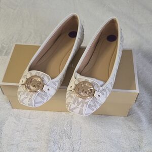 Michael Kors Cream Logo Pattern Slip-On Flats with Gold MK Emblem